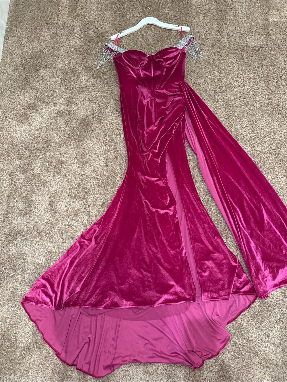 Portia and Scarlett Off-Shoulder Fuchsia Velvet Evening Gown with Beaded Fringe